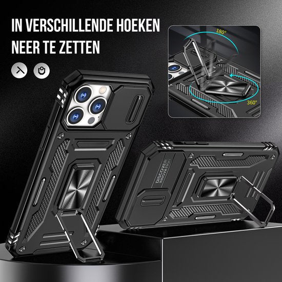 Podec Case suitable for iPhone 12 Pro Black Phone Case - Anti-Shock Case Cover Hybrid Armor Case with Kickstand Ring with Screen Protector