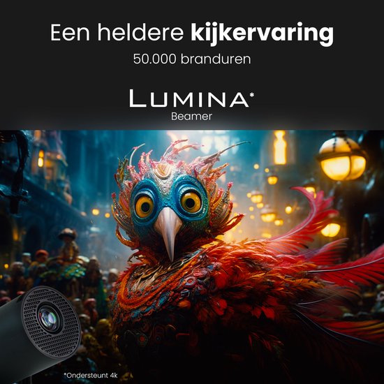 Lumina® Pro Mini Beamer 2026 - Projecteur intelligent Android 14 avec Google Playstore - Home cinéma - Pour iOS & Android - WiFi 6 & Bluetooth 5.4 - Noir
