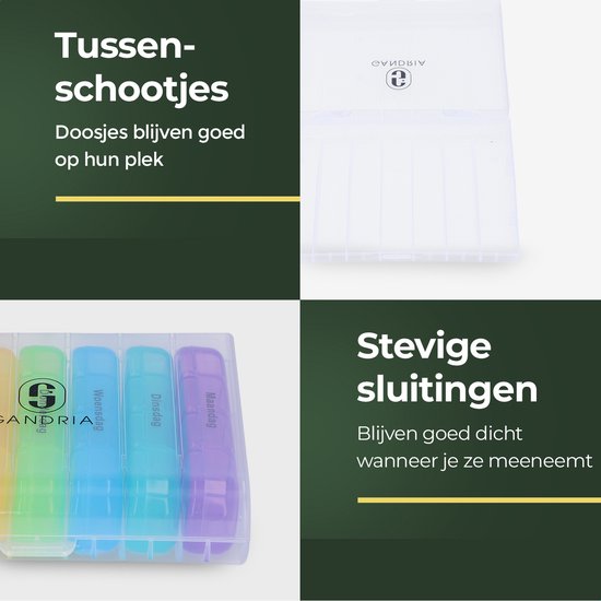 Pilulier Gandria 7 jours - Pilulier amovible - Boîte à médicaments avec 28 compartiments - Boîte à médicaments avec fermeture solide - 4 compartiments par jour - 7 couleurs