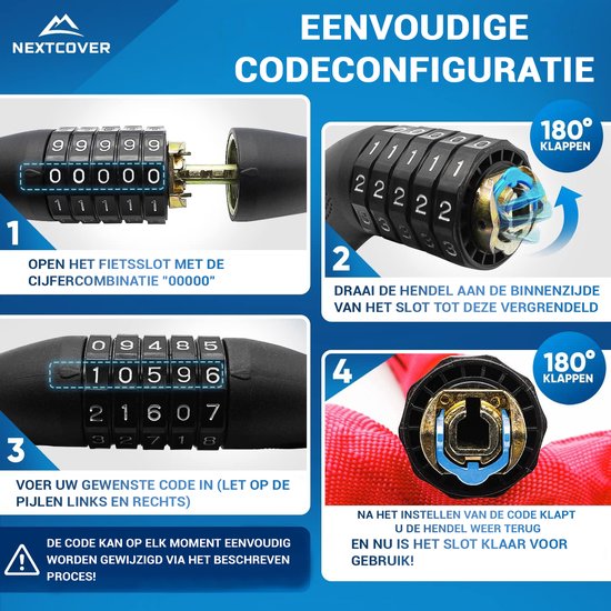 NEXTCOVER® Digit Lock Cadenas pour vélo - L'original - [SAFESECURE] Haute sécurité - Cadenas pour vélo avec code à 5 chiffres, cadenas pour vélo en acier - Cadenas pour vélo parfait pour e-bike - Cadenas pour chaîne Rouge