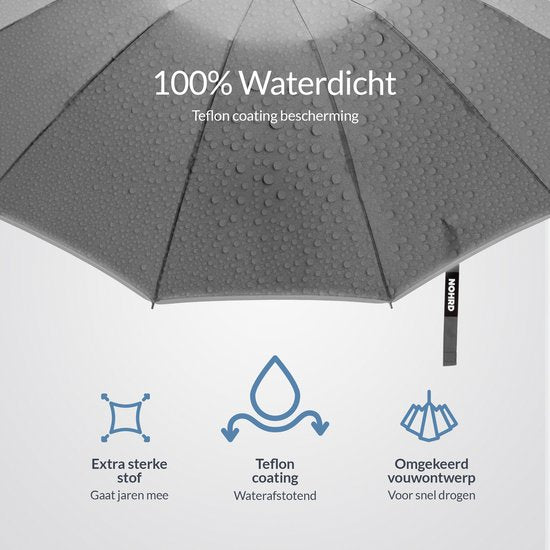 Parapluie tempête Nohrd - Gris - Parapluie pliable - Résistant à la tempête 108 km/h - Parapluies tempête - Pliage et dépliage automatique - Réfléchissant - Parapluies - Housse de protection incluse