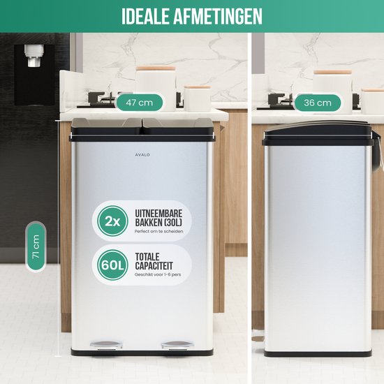 Avalo Trash Bin Waste Separation 60 Liter - Stainless Steel Silver - 2 compartiments - Respectueux de l'environnement, hygiénique et sans traces de doigts - Poubelle à pédale / Trash can
