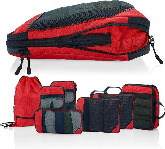 Cubes d'emballage avec compression pour la valise et le sac à dos, sac d'emballage inclus, Sunset Blaze - Rouge