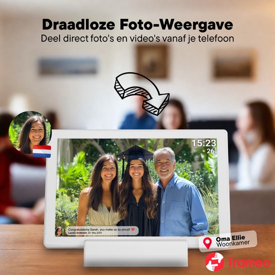 Cadre photo numérique Denver 10,1 pouces - Sans fil - Station de charge incluse - HD - Frameo App - Cadre photo - WiFi - Écran tactile IPS - 16 Go - PFF1070W