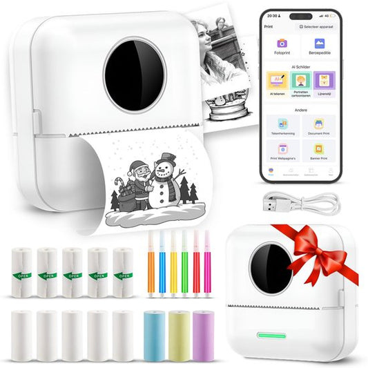 Ilona Mini imprimante pour mobile - Imprimante de poche - Mini imprimante photo premium - Imprimante portable pour smartphone - Imprimante photo mobile - Imprimante d'autocollants - 5 rouleaux de papier adhésif + 5 rouleaux de papier blanc + 3 rouleaux de