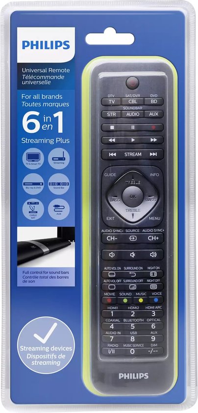 Télécommande universelle Philips SRP5016/10 - 6 en 1 - Touches d'apprentissage - Noir