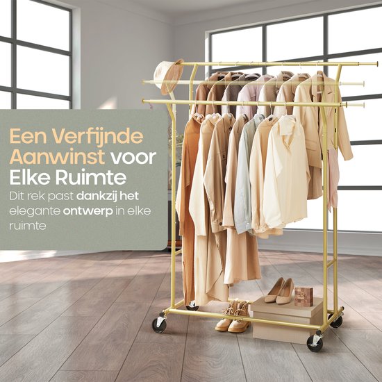 O'DADDY® Clothes Rack on Wheels - Portemanteau - Barre à vêtements - Réglable et extensible - Roulettes industrielles - Métal - Stable jusqu'à 110 kg - Or