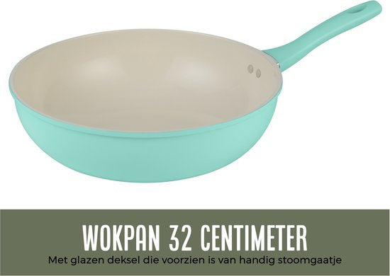 COOCK Poêle Wok Induction 32cm - Revêtement spécial antiadhésif - Poêle à frire avec couvercle - Aluminium recyclé - Turquoise - Livre électronique inclus