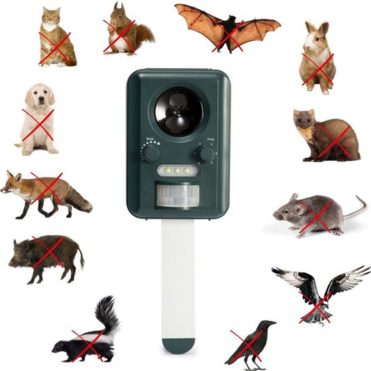Perel Répulsif ultrasonique à énergie solaire, extérieur, répulsif contre les souris, les rats, les insectes, les chats, les martres, les oiseaux, les renards, effraie les chats, répulsif contre les martres, rechargeable par usb, jusqu'à 65m².