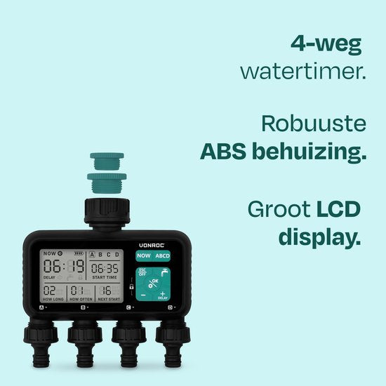 VONROC 4-way water timer - Ordinateur d'arrosage pour 4 zones - Temps et fréquence d'arrosage réglables par zone