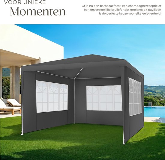 tectake® Pavillon Barinas - Tente de réception 3x3 m - Bâche imperméable avec 3 panneaux latéraux amovibles - Pavillon de jardin résistant aux intempéries - Lignes de tension et piquets inclus - Gris