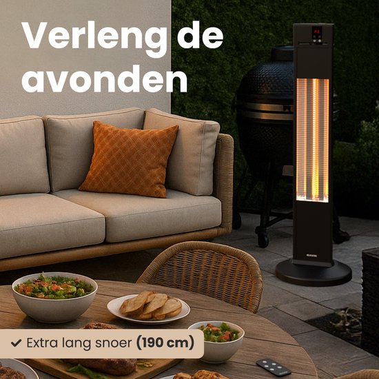 Auronic Terrace Heater - Chauffage infrarouge - Debout - 20m2 - Electrique - 2000W - Télécommande - 3 niveaux - Noir
