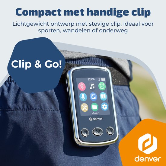 Lecteur MP3 Denver avec oreillettes - extensible jusqu'à 128 Go - Mode Shuffle/Repeat - Enfants et adultes - Clip de fixation - AUX - MPS320B - Noir