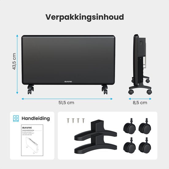Auronic Convector Heater - 2000W - Chauffage électrique - 3 niveaux - Panneau métallique - Freestanding - Roues - Noir