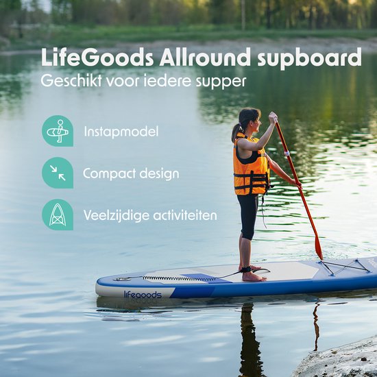LifeGoods SUP Board All-round Compact - 100 KG Load Capacity - Inflatable - Complete SUP package - Blue
