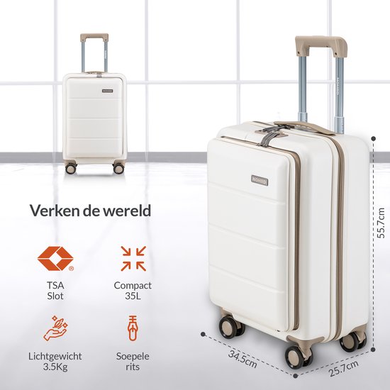 Nohrd Hand Luggage Suitcase 35 L - Spinner Wheels - Trolley Lightweight - Double TSA Lock - Travel Suitcase - Handy Front Pocket - Ivory