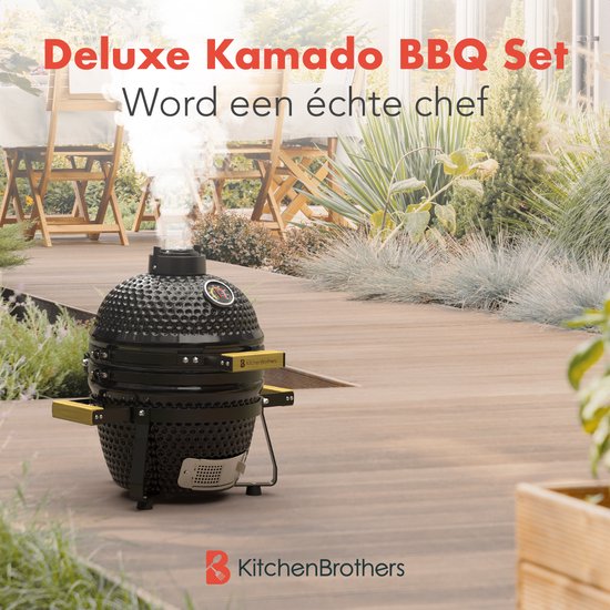 KitchenBrothers Kamado BBQ - 13 Inch Charcoal Barbecue - 27⌀ cm - Deluxe Set - Egg BBQ with Accessories including Cover - Noir