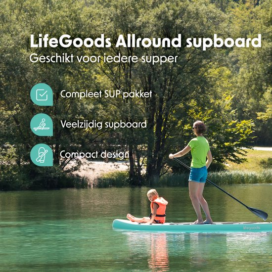 LifeGoods PaddlePro SUP Board - Planche à pagaie gonflable - Ensemble complet - Max. 135KG - 320x81cm - Vert pastel