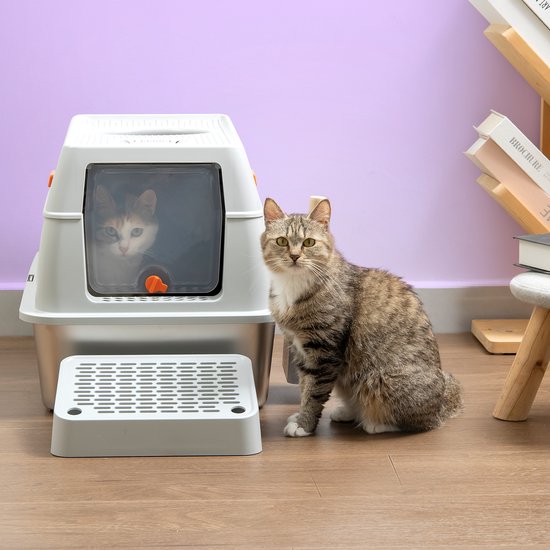 Jake and Jacky Stainless Steel Litter Box Hop In - Toilette pour chat en acier inoxydable - avec pelle à litière et support et marche de ramassage des gravillons - entrée par le haut - bac à litière ouvert 3 en 1 avec couvercle amovible - 60x40x38cm