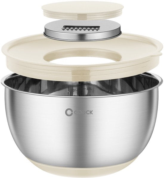 COOCK inox - Set de bols à mélanger avec couvercle - Bols à frire avec couvercle - Bol de stockage avec râpe - Bol pour salades et mélanges - Set de 22 pièces de 1,5 à 5 litres - Beige - Cuillères à mesurer incluses