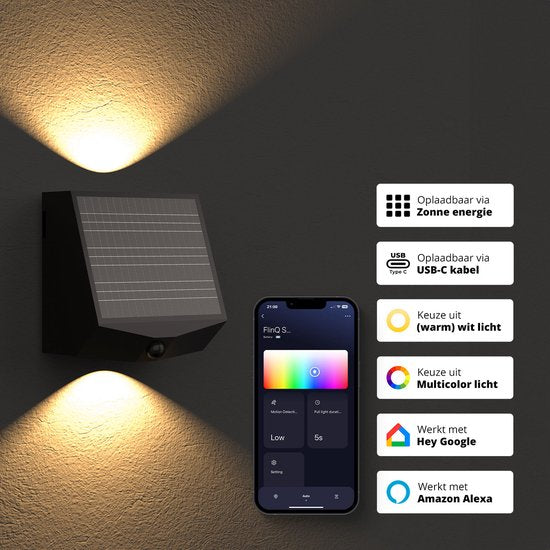 FlinQ Orion - Applique solaire intelligente - Applique solaire de jardin - Énergie solaire - Lumière blanche et colorée - Détecteur de mouvement - Alexa & Google Assistant - Noir