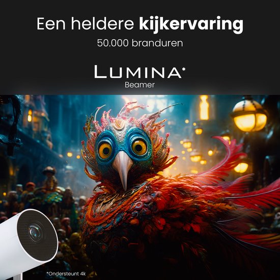 Lumina® Pro Mini Beamer 2026 - Projecteur intelligent Android 14 avec Google Playstore - Home cinéma - Pour iOS & Android - WiFi 6 & Bluetooth 5.4 - Blanc
