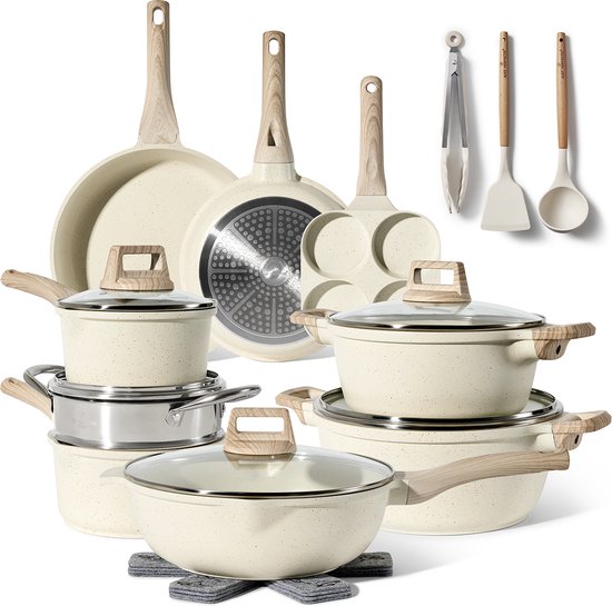Just Perfecto 21 Set de casseroles et poêles à induction - Beige Set de casseroles et poêles avec couvercle pour gaz et induction - Sans PFAS - Poignées froides