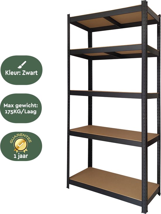 BRASQ Armoire à étagères en métal noir - Rack de stockage - Armoire murale - Armoire de stockage 180x90x40cm - 5 niveaux - armoire 175 KG/étagère - 875 KG max.