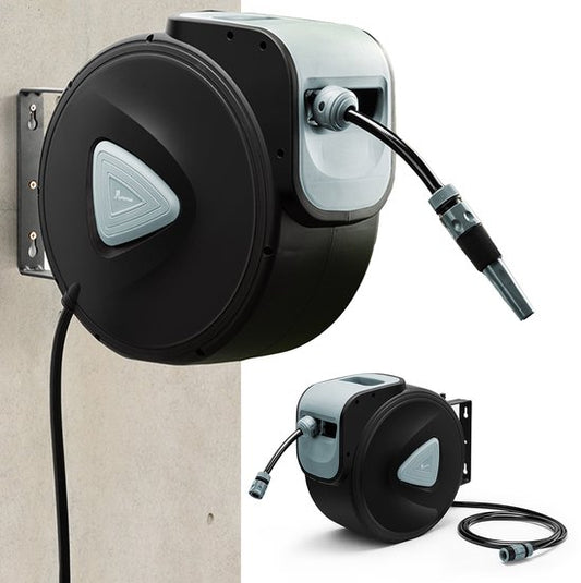 Hortensus Enrouleur de tuyau d'arrosage 15m - Boîte à tuyau murale automatique - Enrouleur de tuyau d'arrosage avec fixation murale - tuyau d'arrosage sans nœud - support de tuyau mural compact pour tout le jardin