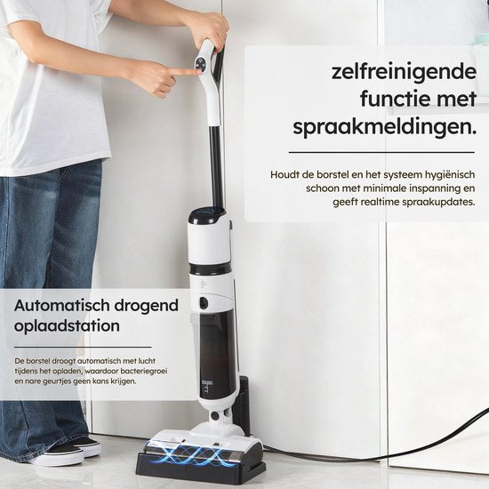 Saaf Floor Cleaner M200 - Batterie 45 min - Balai électrique - Balai à franges avec fonction balayage - Station d'affichage et de nettoyage - Stérilisation à l'eau - Blanc