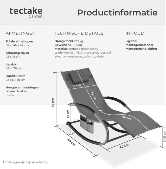 tectake® Lounger Taya - Chaise longue ergonomique pour le jardin, la terrasse, le balcon - Fauteuil de relaxation avec fonction de balancement - Chaise de jardin avec accoudoirs confortables, appui-tête et compartiment de rangement - Résistant aux intempé