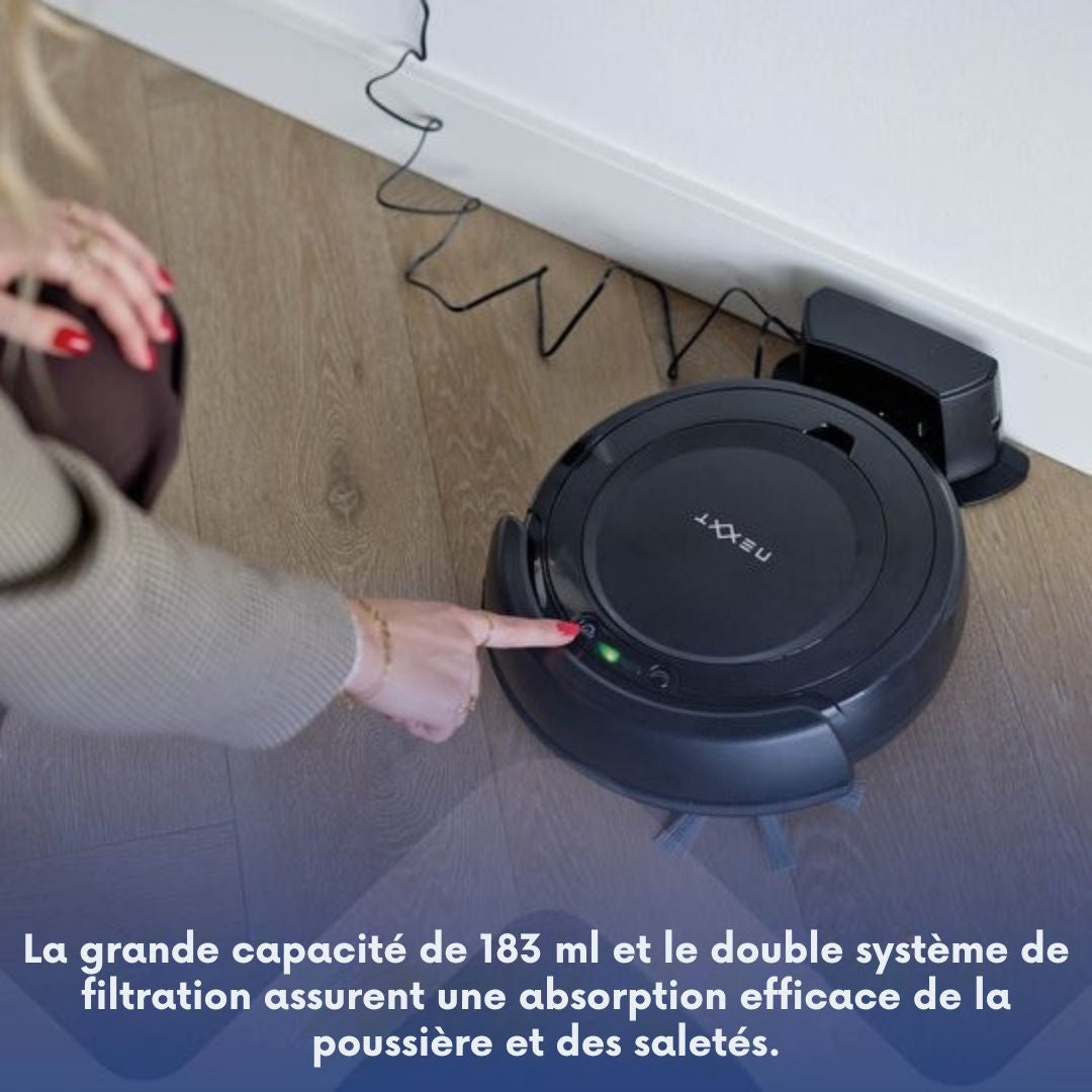 Robot aspirateur avec station de recharge 3 en 1 - Nexxt - pour animaux de compagnie - Capteur anti-virus et 3 modes de nettoyage - Adaptateur et brosse inclus - 17W - noir