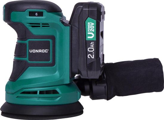 VONROC Ponceuse orbitale aléatoire - VPower 20V - Batterie 2.0Ah et chargeur inclus - Ø125mm - Avec sac à poussière et 12 morceaux de papier de verre