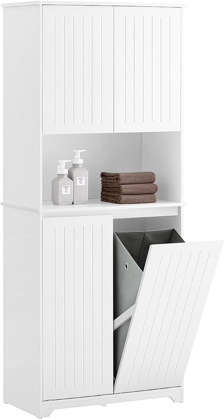 SoBuy BZR150-W Armoire haute de salle de bain avec sac à linge, armoire de salle de bain avec portes, 2 paniers à linge amovibles, étagères réglables, compartiments