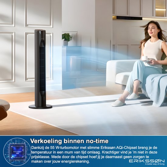 Ventilateur de tour Erikssøn - Silent Comfort Series - Ventilateur sur pied avec télécommande - Minuterie - 3 vitesses - 55W - 39 dB - 106cm - Efficace sur le plan énergétique - Ventilateur de refroidissement pour la pièce - Noir