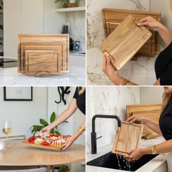 Deleca 3-Piece Cutting Board Set with Holder (40x30 / 33x24 / 26x18 cm) - Pour la cuisine, planches à découper, planches de service, planches à fromage, planches à boire et planches à tapas - Planche à découper en bois d'acacia