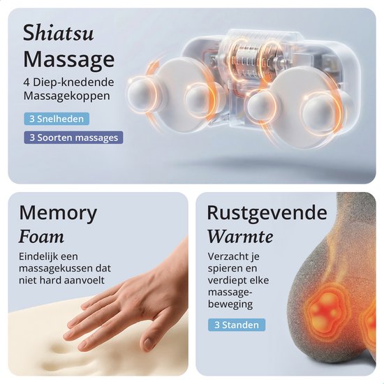 Lifeproducts Coussin de massage avec mousse à mémoire de forme - Appareil de massage du cou - Appareil de massage du dos - Massage du cou et du dos - Appareil de massage du cou Shiatsu avec fonction chaleur