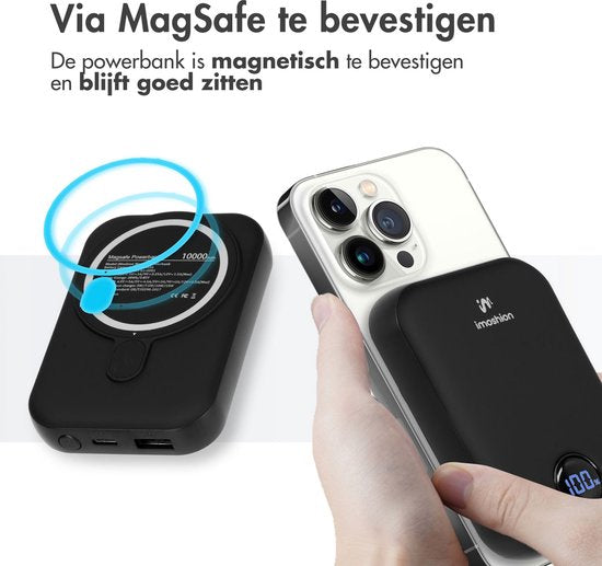 Batterie externe - imoshion - 10000 mAh - Adapté à MagSafe - Chargeur rapide 22.5W - USB C & USB A - Powerbank sans fil adapté à l'iPhone 12/13/14/15/16 - Noir