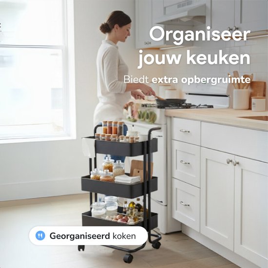 Chariot de cuisine à roulettes - 3 étages - Chariot de cuisine - Chariot de service - Armoire - Chariot - Rangement - Armoires de douche sur pied - Rack - Noir - Luft