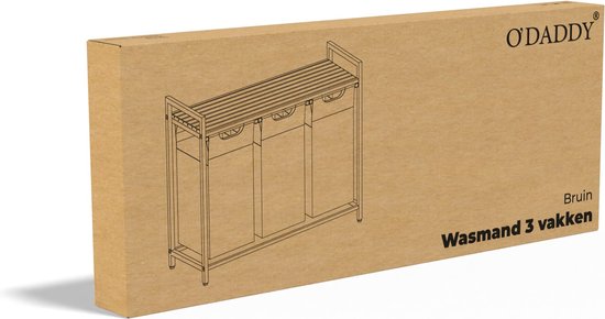O'DADDY® Laundry Basket 3 Boxes - Trieur de linge - Extensible - Assemblage facile - 92.5 x 33 x 71 cm - Capacité 114L - 3 Sacs - Bois brun - Métal noir - Paniers à linge - Boîte à linge
