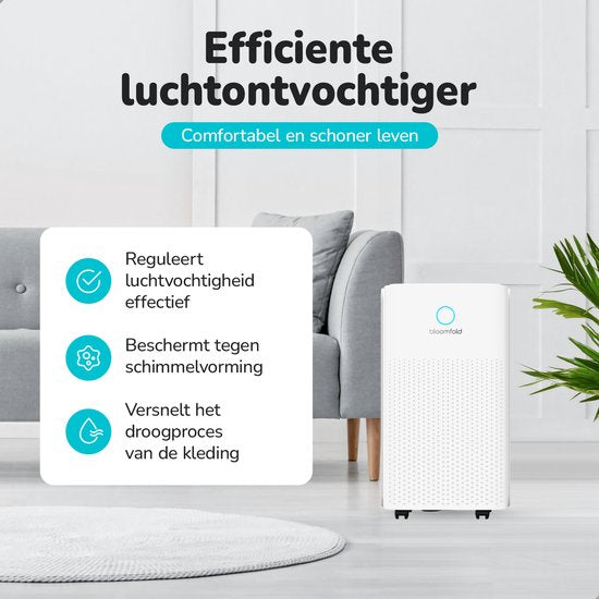 Déshumidificateur Bloomfold - 12L par jour - Fonction Lavage-Séchage incluse - Convient pour le salon, la chambre, la cave et la salle de bain - Déshumidificateur - Blanc