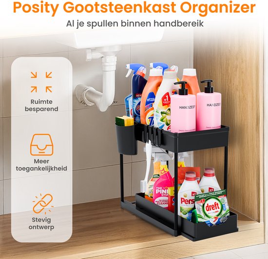 Posity Sink Cabinet Organizer - Kitchen Cabinet Organizer - Sliding Drawer - Cabinet Organizer - Bathroom Organizer - Countertop Organizer - 1 Pull-out Drawer - Black