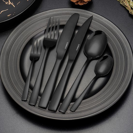 Deleca 8 Person Cutlery Set Essential (48 pieces) - Spoons, Knives, Forks, Steak Knives & Pastry Forks - Dishher Safe Cutlery - Shiny Black / Stainless Steel
