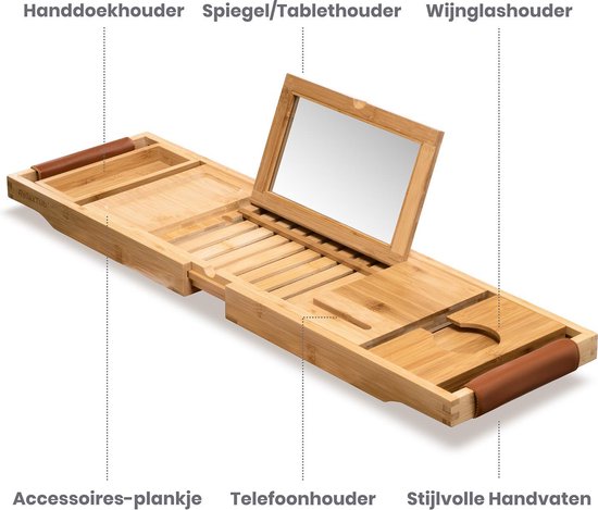 RelaxTub® Bathboard - Planche de bain pour la salle de bain - Support de bain - Ajustable - Antidérapant - Planche de bain en bambou - Planche de bain en bois - Support de bain comprenant un porte-livre, un porte-tablette et un miroir
