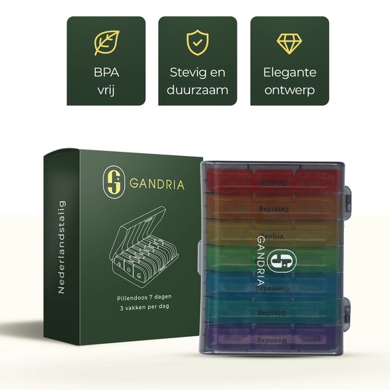 Pilulier Gandria 7 jours - Pilulier amovible - Boîte à médicaments avec 21 compartiments - Boîte à médicaments avec fermeture solide - 3 compartiments par jour - 7 couleurs
