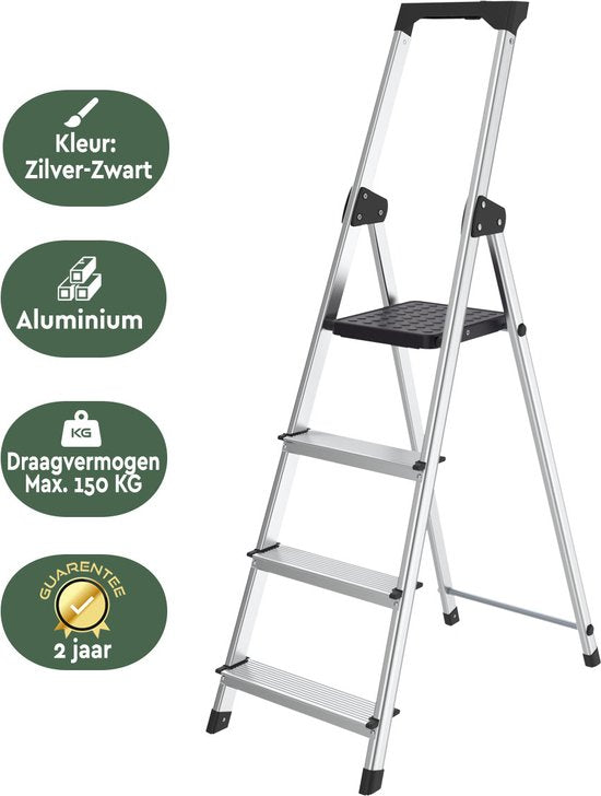 BRASQ Escabeau ménager 4 marches Silver - escabeau de cuisine pliant en aluminium pour usage privé et professionnel - Echelle - Antidérapant
