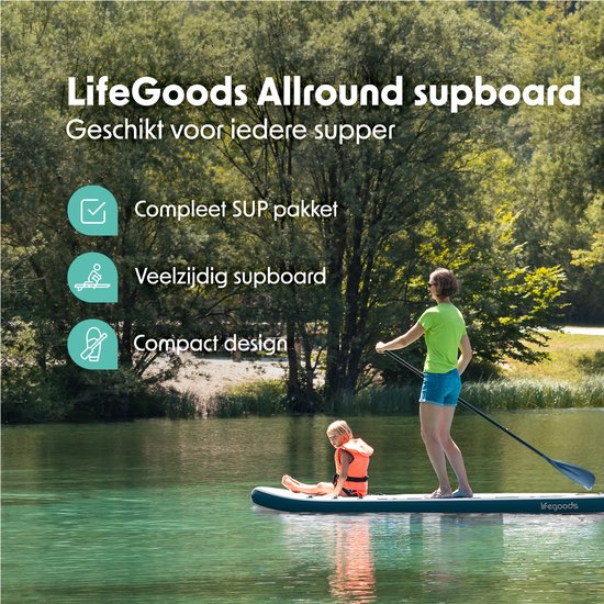 LifeGoods PaddlePro SUP Board - Planche à pagaie gonflable - Ensemble complet - Max. 135KG - 320x81cm - Blanc/Aqua profond