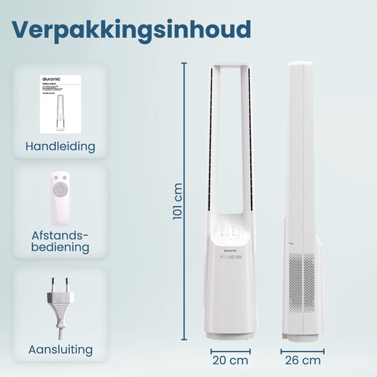 Ventilateur de tour Auronic - Modèle sans pales - Refroidisseur d'air - Ventilateur de sol - Ventilateur silencieux sur pied - 101 CM - 6 vitesses - Ventilateur - Avec minuterie - 39 dB - Blanc