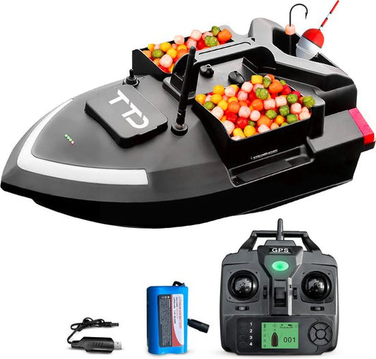 TTD® Premium GPS Feed Boat pour la pêche à la carpe - Portée de 500 mètres - Régulateur de vitesse - Déverrouillage de l'hameçon - 40 positions GPS - Trois bacs d'alimentation - Capacité de 2 kg - Batterie 12000 mAh - Bateau de pêche - Bateau de pêche à l