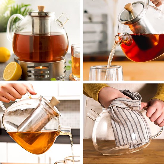 Deleca Théière en verre avec filtre et chauffe-plat - Verre borosilicaté - Tamis en acier inoxydable - Cadeau de Noël - Pour thé en vrac / fleurs de thé - 1.5L